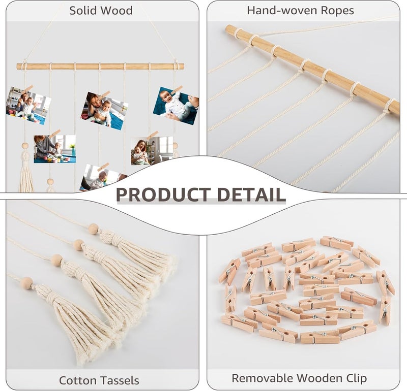 ANROYE Macrame Hanging Photo Display, Picture Holder with 30 Clips for Bedroom Wall, Polaroid Boho Gallery Hangers with LED Light String, Room Decor Gifts for 10 11 12 13 14 Year Old Teen Girl - Image 3
